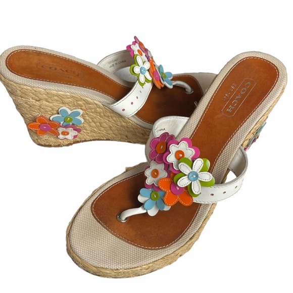 Coach Shoes Coach White Patent Jesica Straw Sandals With Flower